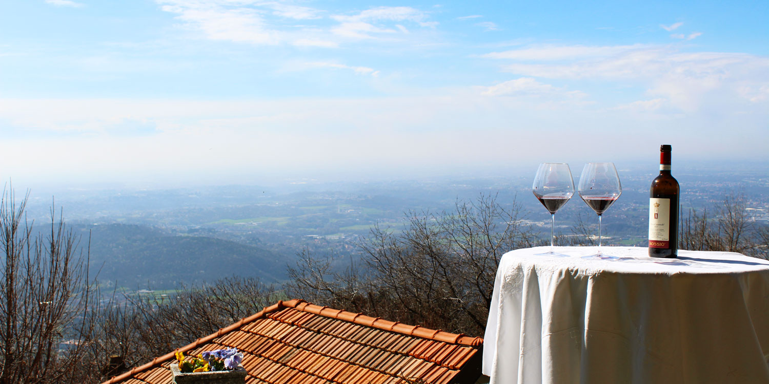 Two glasses of wine with a beautiful sight on the landscape.