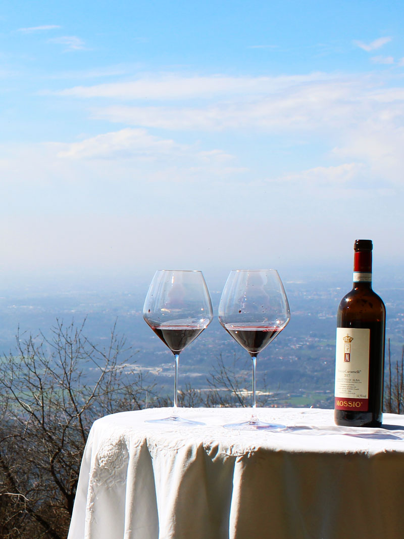 Two glasses of wine with a beautiful sight on the landscape.